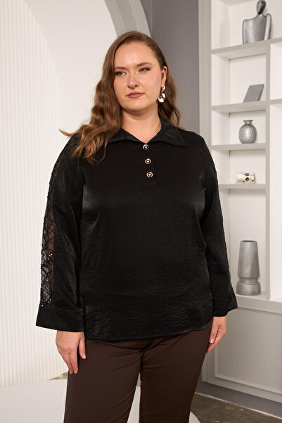 Imagine Giyim Black Satin Plus Size Women's Blouse with Sequin Detail