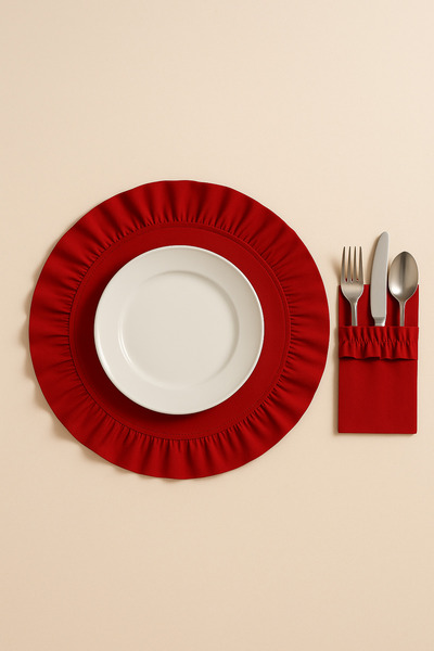 Mirilliahome 12-Piece Red Raw Linen Tableware Set – Ruffled American Dinner Plate and Cutlery/Spoon Holder
