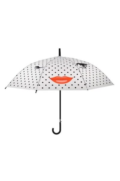 AVA Automatic Stick Umbrella, White, with Eyes and Lips Pattern, 81cm