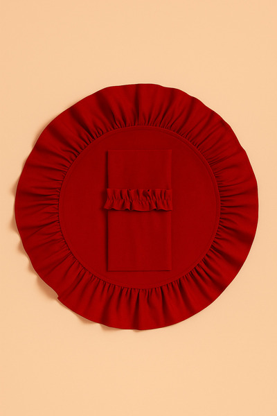 Mirilliahome 12-Piece Red Raw Linen Tableware Set – Ruffled American Dinner Plate and Cutlery/Spoon Holder