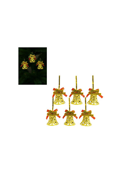 OEM Christmas Tree Ornaments 6/set, 5cm Plastic Golden Bells with Bow and Glitter