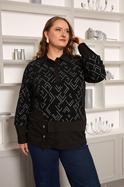 Imagine Giyim Shirt Paneled Black Plus Size Women's Knitted Blouse