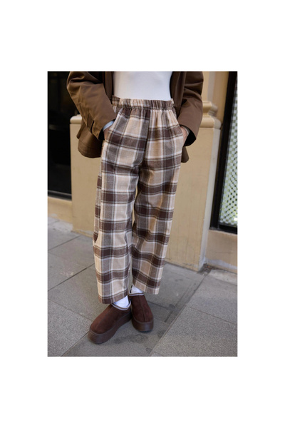 Mokşa Women's Plaid Patterned Brown Beige Soft Textured Wide Leg Elastic Waist Comfortable Pants