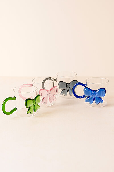 Mirilliahome Set of 4 Bowknot Borosilicate Glass Mugs – Transparent Coffee & Tea Cup with Ribbon 350 ml