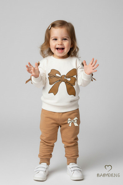 BABYDEN'S Baby Girl 2-Piece Tracksuit Set with Bow, Shoulder Snaps, Side Ribbon Detail, 100% Cotton Transitional Bottom-Top