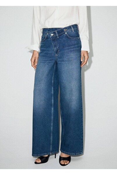 MANGO Woman Orta kruvaze bel wide-leg jean pantolon