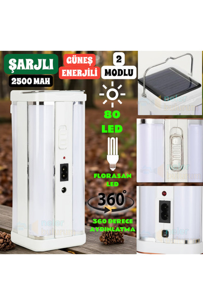 nelerbulurum ŞARJLI VE GÜNEŞ ENERJİLİ 2 MODLU 80 FLORASAN LEDLİ 2500mah El fe...