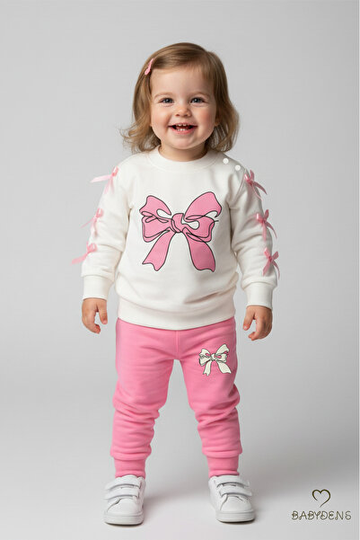 BABYDEN'S Baby Girl 2-Piece Tracksuit Set with Bow, Shoulder Snaps, Side Ribbon Detail, 100% Cotton Transitional Bottom-Top