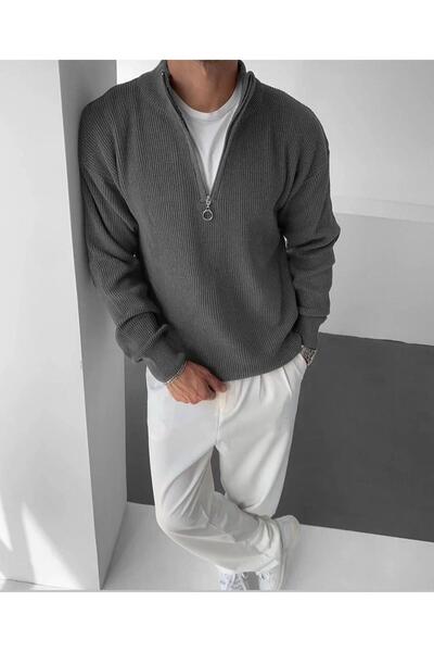 Fua Shop Чоловічий светр з в'язаним коміром, напівзастібкою та шнурком