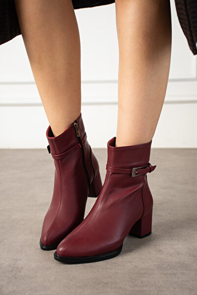 dabab shoes Astraya Women's Burgundy Buckle Heeled Short Boots Stylish Winter Boots Bootie