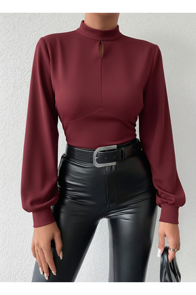 OLSAMODA Women's Balloon Sleeve Front Drop Detail Flexible Knitted Fabric Blouse