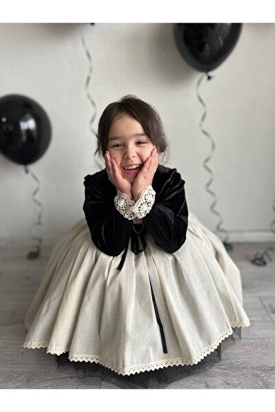 Sare Çocuk Giyim Girl's Premium Deluxe Black Velvet Lace-Up Vest Detailed Special Occasion Cosplay Dress + Buckle