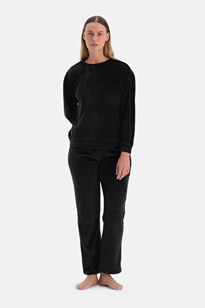 Dagi Black Long Sleeve Velvet T-Shirt Pants Pajama Set