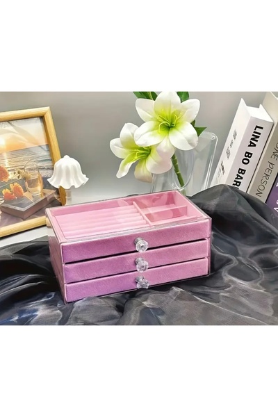 MASLAN Jewelry Box Velvet Dusty Pink 3 Layers Stylish Design