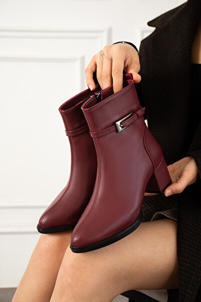 dabab shoes Astraya Women's Burgundy Buckle Heeled Short Boots Stylish Winter Boots Bootie