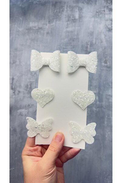 Toka Perisi White Stella Glitter Bow Heart Butterfly (Metal 5cm /3Cm with Clip 6-Pack)