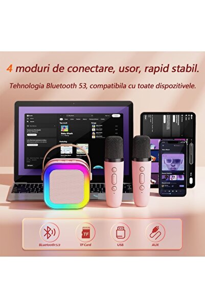 stuffix Karaoke Speaker Set with 2 Wireless Microphones, Bluetooth 5.3, Portable, Pink