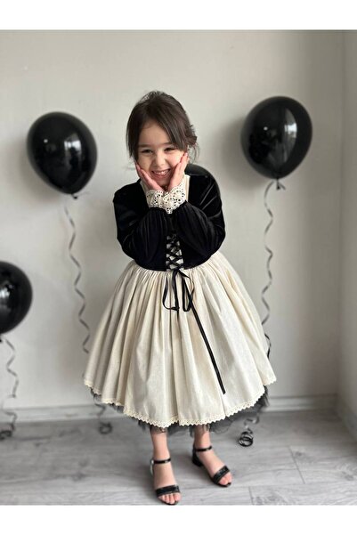 Sare Çocuk Giyim Girl's Premium Deluxe Black Velvet Lace-Up Vest Detailed Special Occasion Cosplay Dress + Buckle