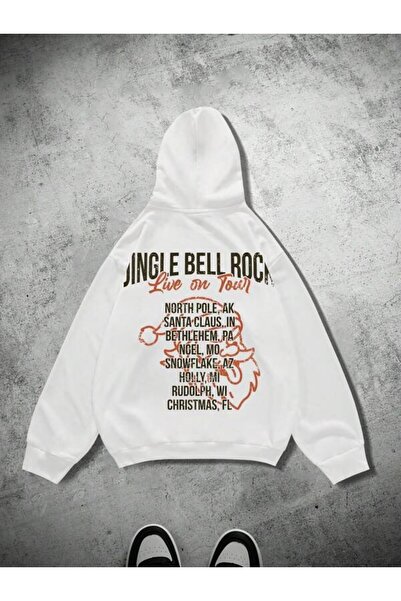 LAVİTTA Jingle Bell Rock Tour Printed Unisex White Oversized Hooded Hoodie