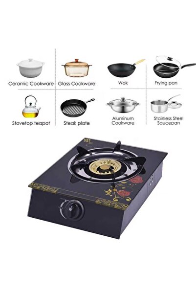 stuffix Gas Cooker with Heat-Resistant Glass Hob, 1 Burner, Brass Burner, Flame Control, 21x21x9 cm