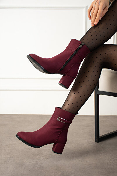 dabab shoes Lunara Women's Burgundy Suede Buckle Heeled Short Boots Bootie