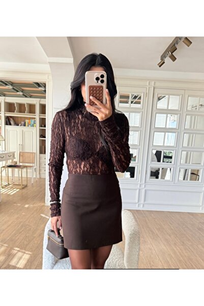 CADDELAMODA Bluză din dantelă cu guler înalt