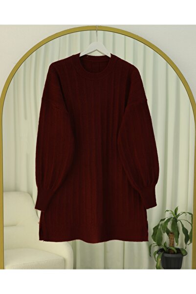Modamorfo Corded Fabric Slit Yumoş Knitwear Tunic - Burgundy