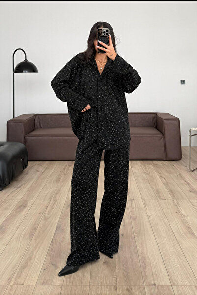 Bak'ap Premium Shiny Stone Printed Black Shirt -Trousers 2-Piece Suit