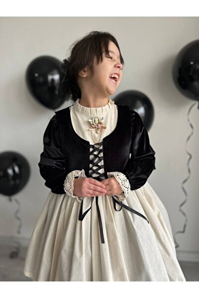 Sare Çocuk Giyim Girl's Premium Deluxe Black Velvet Lace-Up Vest Detailed Special Occasion Cosplay Dress + Buckle