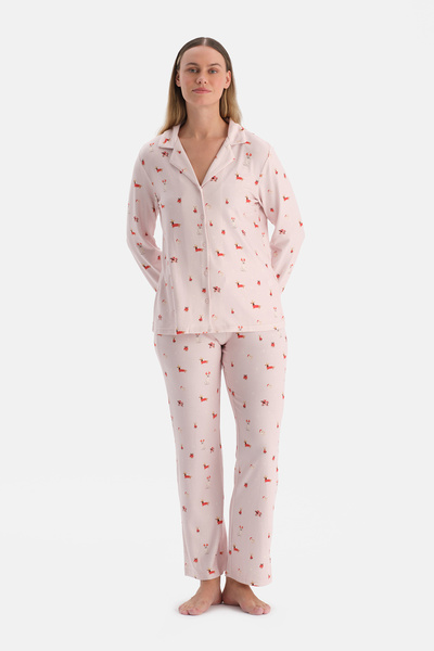 Dagi Light Pink Printed Thermal Shirt Pants Pajama Set