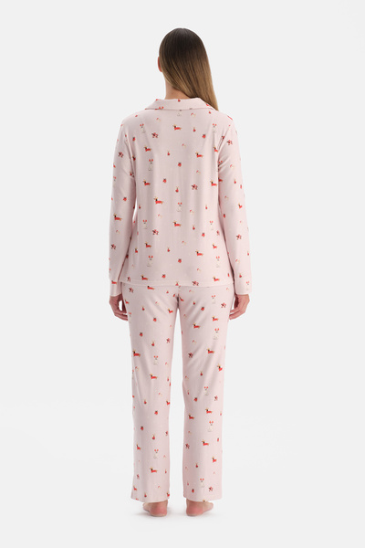 Dagi Light Pink Printed Thermal Shirt Pants Pajama Set