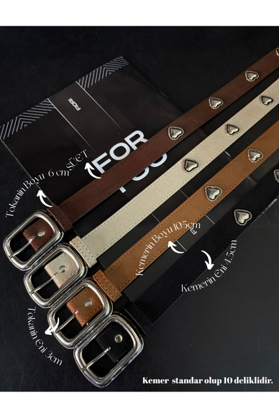 Fiori Women's Trouser Belt with Square Buckle and Heart Accessories, Coat Belt, Shirt Belt, Dress Belt