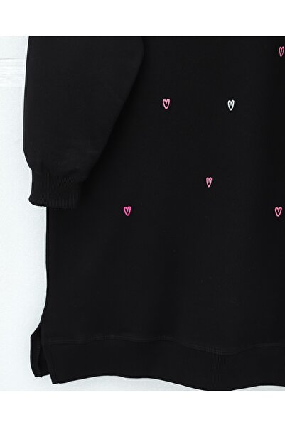 Modamorfo Round Neck Heart Patterned Combed Cotton Tunic -Black