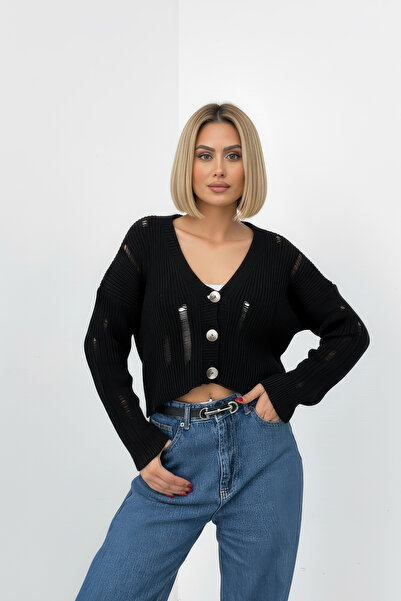 Nerth Women's Lace-Like Knit Button Detailed Knitwear Cardigan