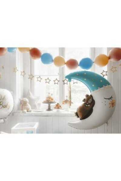 Partydeco Blue foil crescent moon balloon with sleeping teddy bear 80x98 cm