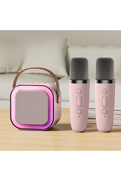 stuffix Mini portable karaoke machine, 2 microphones, colorful lights, pink