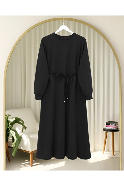 Modamorfo Μακρύ χτενισμένο βαμβακερό φόρεμα με στρογγυλή λαιμόκοψη και ζώνη -Μαύρο