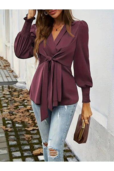 Bijuterria Women's Long Sleeve Double Breasted Collar Front Tie Imported Crepe Blouse