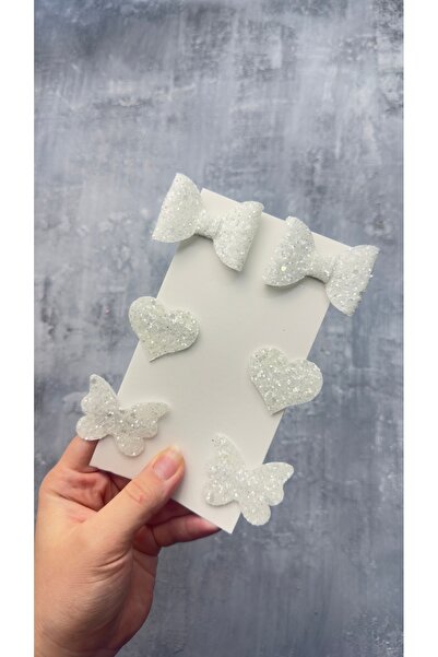 Toka Perisi White Stella Glitter Bow Heart Butterfly (Metal 5cm /3Cm with Clip 6-Pack)