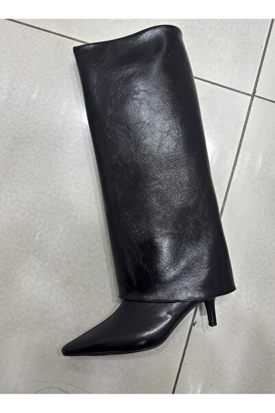 MYVOLANTE حذاء نسائي بكعب عالي وتفاصيل من الجلد الأسود اللامع