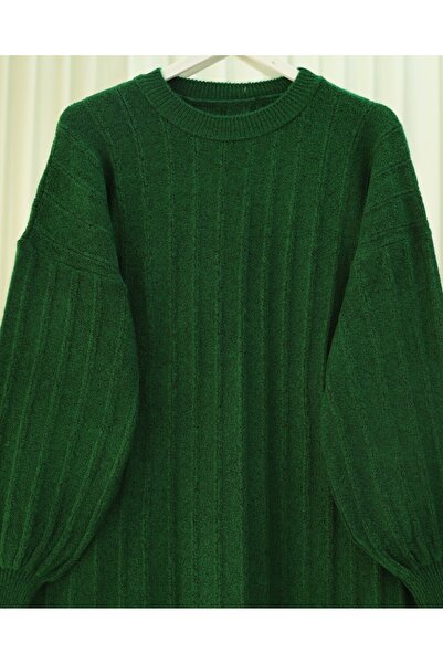 Modamorfo Corded Fabric Slit Yumoş Knitwear Tunic - Dark Green