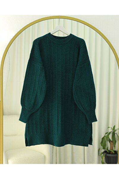 Modamorfo Corded Fabric Slit Yumoş Knitwear Tunic - Emerald