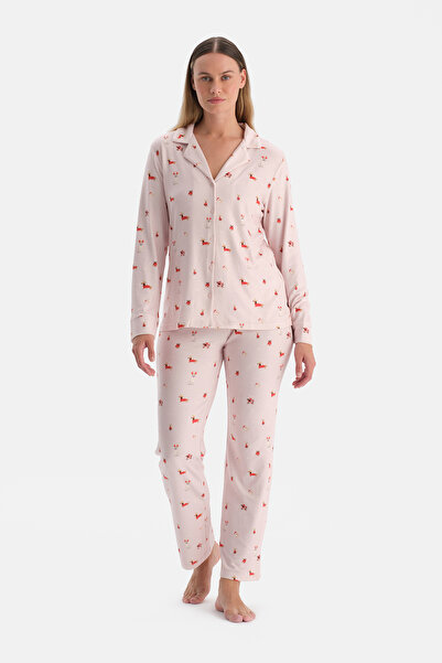 Dagi Light Pink Printed Thermal Shirt Pants Pajama Set