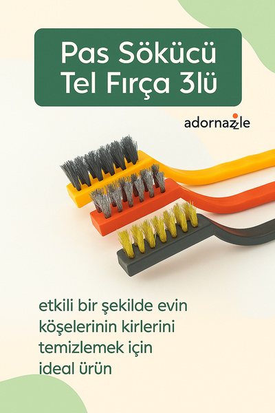 adornazzle Pas Sökücü Tel Fırça 3'lü, Mini Tel Fırça, Fırın Ocak Temizlik Fır...