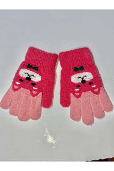 JHTshop Girl's Knitted Jacquard Warm Five-Finger Gloves Cute Hug Bear Embroidered 4-8 Years Old