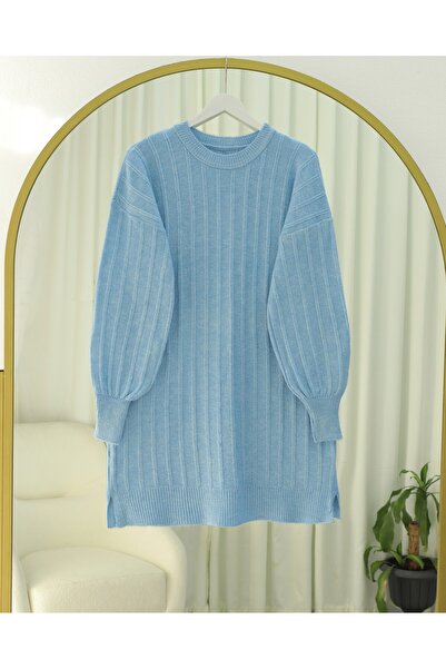 Modamorfo Corded Fabric Slit Yumoş Knitwear Tunic - Light Blue