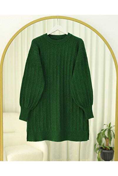 Modamorfo Corded Fabric Slit Yumoş Knitwear Tunic - Dark Green