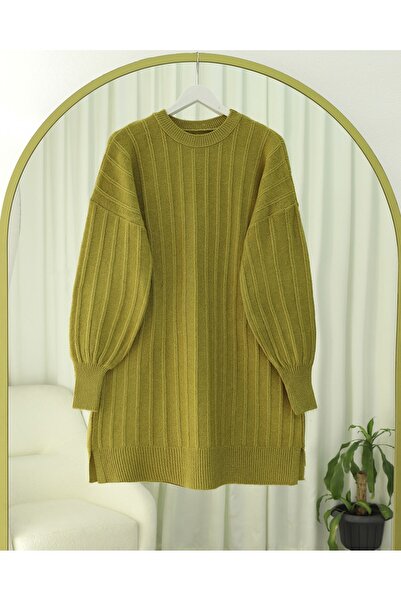 Modamorfo Corded Fabric Slit Yumoş Knitwear Tunic - Oil Green