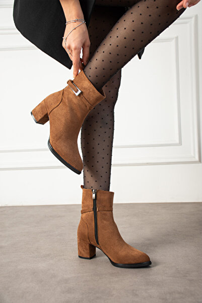 dabab shoes Lunara Women's Tan Suede Buckle Heeled Short Boots Bootie