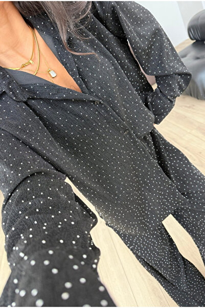 Bak'ap Premium Shiny Stone Printed Black Shirt -Trousers 2-Piece Suit